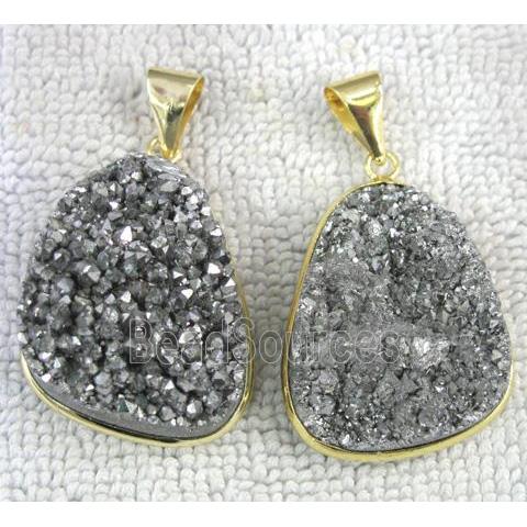 druzy quartz pendant, freeform, silver plated