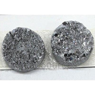 druzy quartz cabochon, flat-round, silver plated