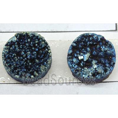 quartz druzy cabochon, flat-round, green electroplated