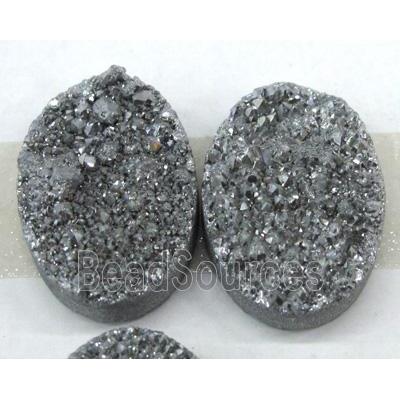 quartz druzy cabochon, oval, silver plated