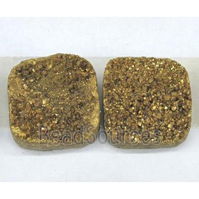 quartz druzy cabochon, square, gold plated