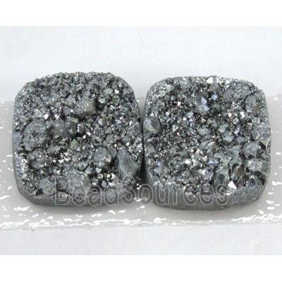 quartz druzy cabochon, square, silver plated