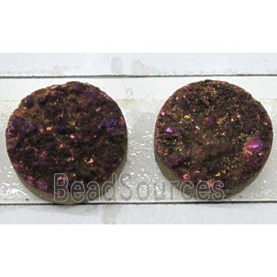 quartz druzy cabochon, flat-round, purple electroplated