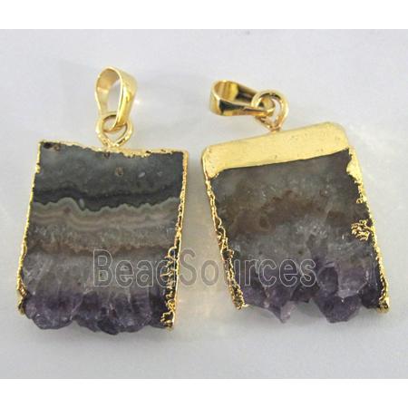 purple druzy Amethyst pendant, freeform slice, gold plated