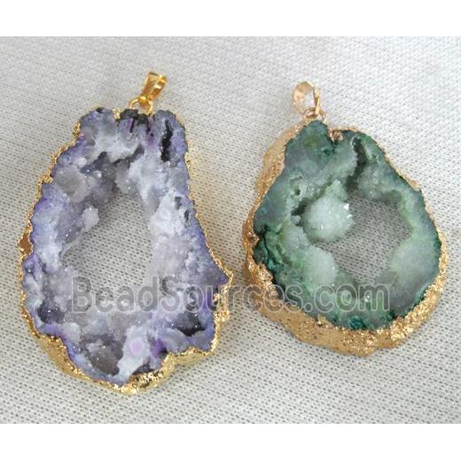 druzy agate slice pendant, freeform, mixed color