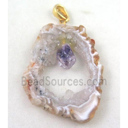 druzy agate slice pendant, freeform, paved gems, gold plated