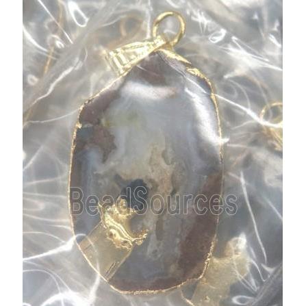 druzy agate slice pendant, freeform, paved tourmaline, gold plated