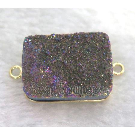 druzy quartz connector, rectangle, purple electroplated