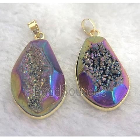 druzy quartz pendant, faceted teardrop, rainbow electroplated