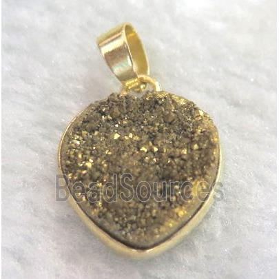 golden druzy quartz pendant, heart