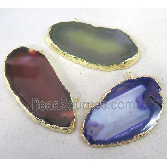 agate pendant with 2-holes, freeform slice, mixed color, gold plated