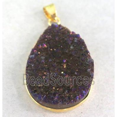 druzy quartz pendant, teardrop, purple electroplated