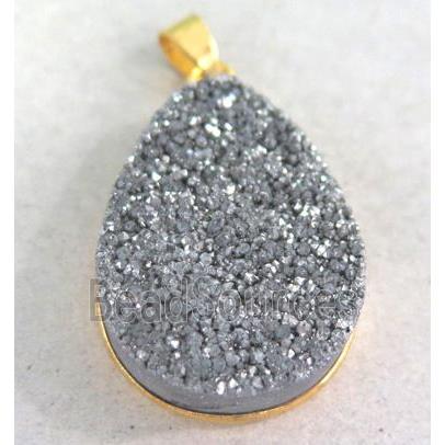 druzy quartz pendant, teardrop, silver electroplated