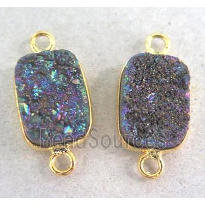 druzy quartz connector, rectangle, rainbow electroplated