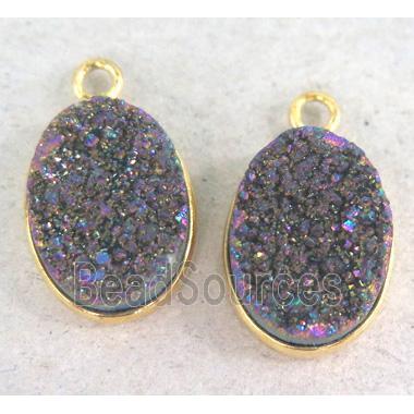 druzy quartz pendant, oval, rainbow electroplated