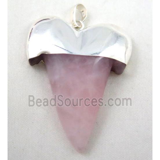 Rose Quartz pendant, shark-tooth shaped, silver plated