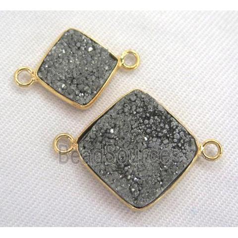 druzy quartz connector, square, silver electroplated