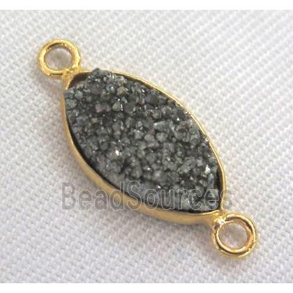 druzy quartz connector, oval, silver electroplated