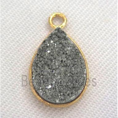 druzy quartz connector, teardrop, silver electroplated