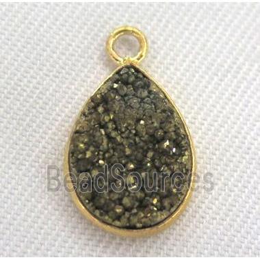 druzy quartz pendant, teardrop, gold plated