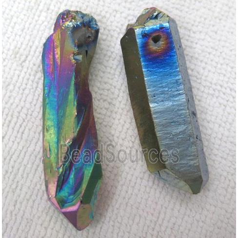 Clear Quartz pendant, freeform stick, rainbow electroplated