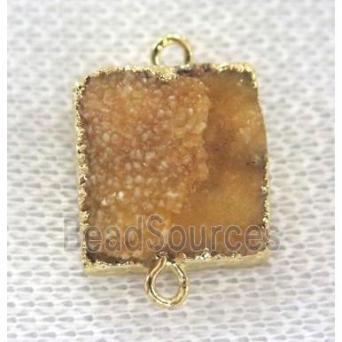 yellow druzy quartz connector, square, gold plated