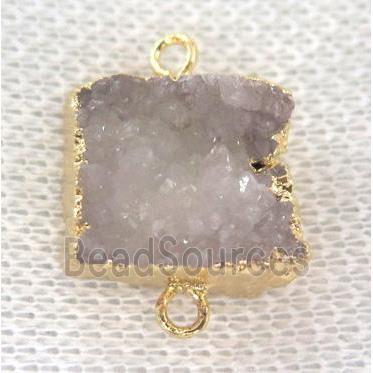 white druzy quartz connector, square, gold plated