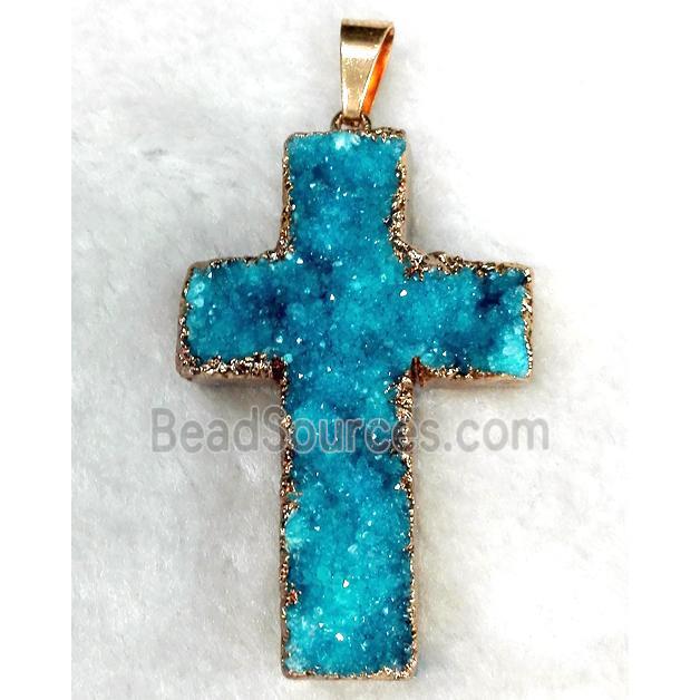 aqua druzy quartz pendant, cross, gold plated