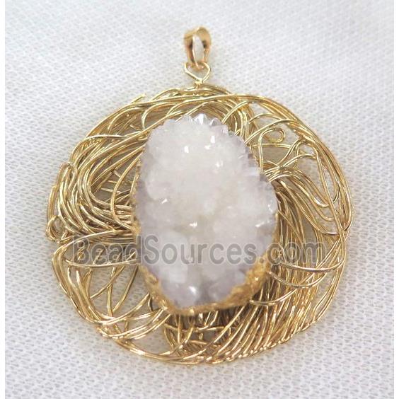 white druzy quartz pendant, gold plated