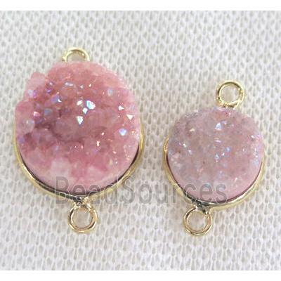 pink druzy quartz connector, flat-round