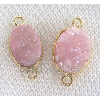 druzy quartz connector, pink, oval