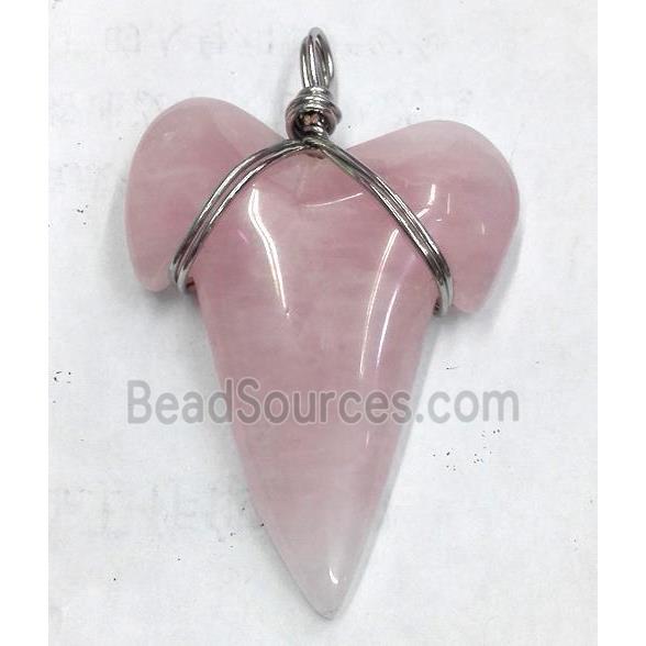 rose quartz pendant, shark-tooth shaped, wire wrapped