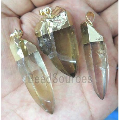 golden Smoky Quartz bullet pendant, freeform, gold plated