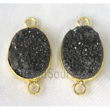 druzy quartz connector, oval, black electroplated