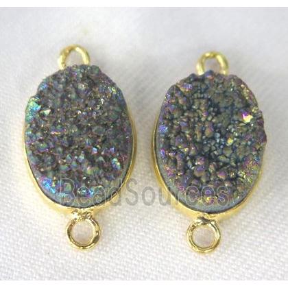 druzy quartz connector, oval, rainbow electroplated