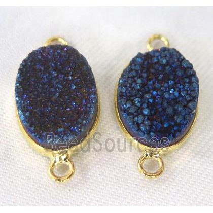 druzy quartz connector, oval, blue electroplated