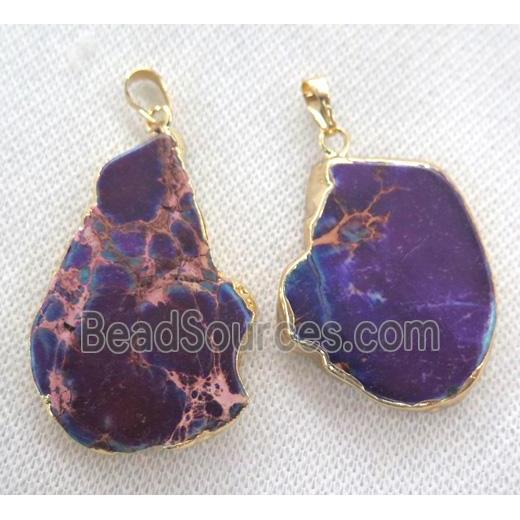 purple Sea Sediment pendant, freeform slab, gold plated