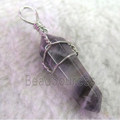 Amethyst pendant, bullet, wire wrapped