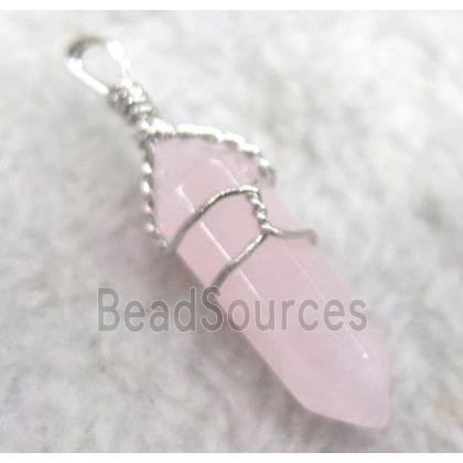 Rose Quartz pendant, bullet, wire wrapped