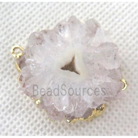 white druzy solar quartz connector, freeform, gold plated