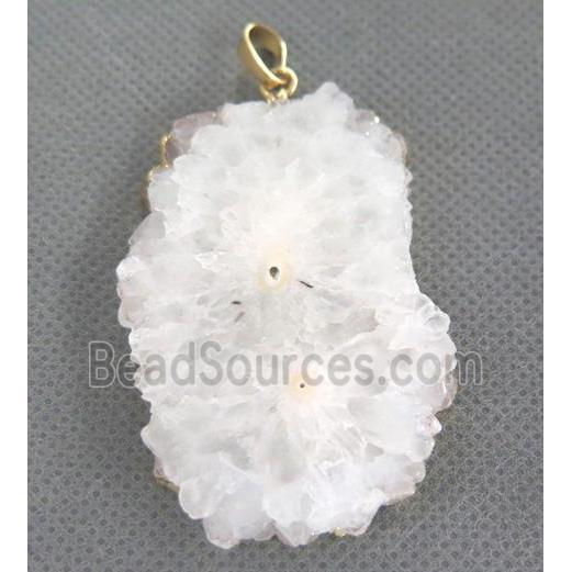 white druzy solar quartz pendant, freeform slice, gold plated