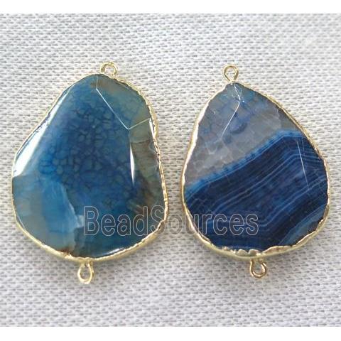 blue Agate Connector, faceted freeform, gold plated