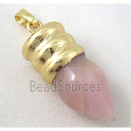 rose quartz bullet pendant, gole plated