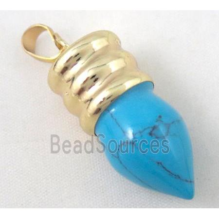 blue turquoise bullet pendant, gole plated