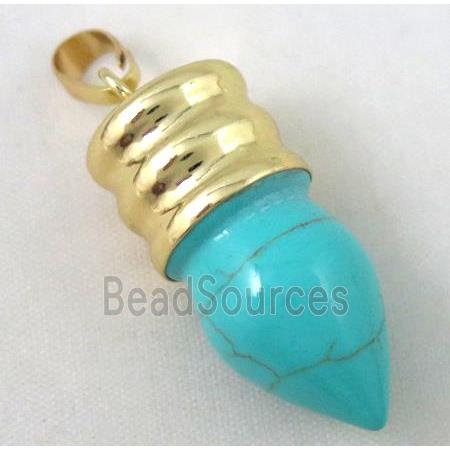 green turquoise bullet pendant, gole plated