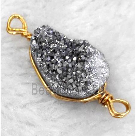 druzy quartz connector, silver electroplated, freeform, wire wrapped