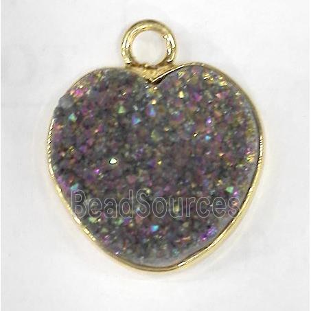 druzy quartz heart pendant, rainbow electroplated