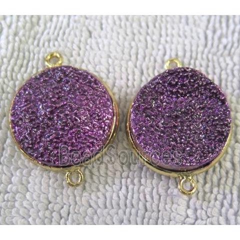 metallic quartz druzy connector, flat-round, purple electroplated