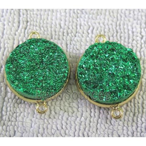 metallic quartz druzy connector, flat-round, green electroplated