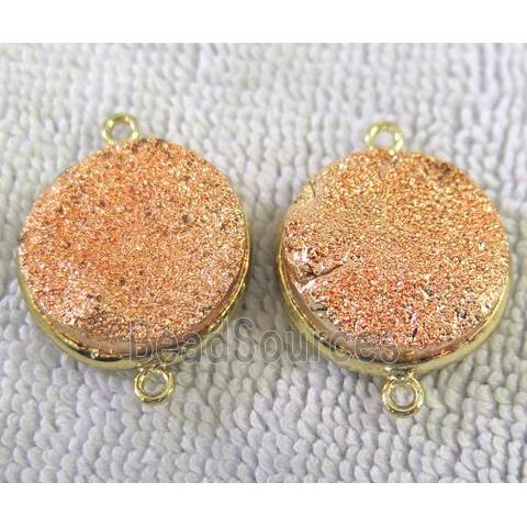 metallic quartz druzy connector, flat-round, rose-gold electroplated